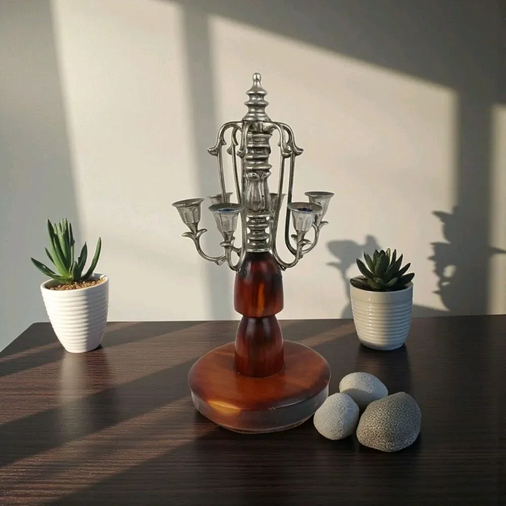Vtg 6 Arm Wood and Silver Plated Table Candelabra Danish Modern MCM
